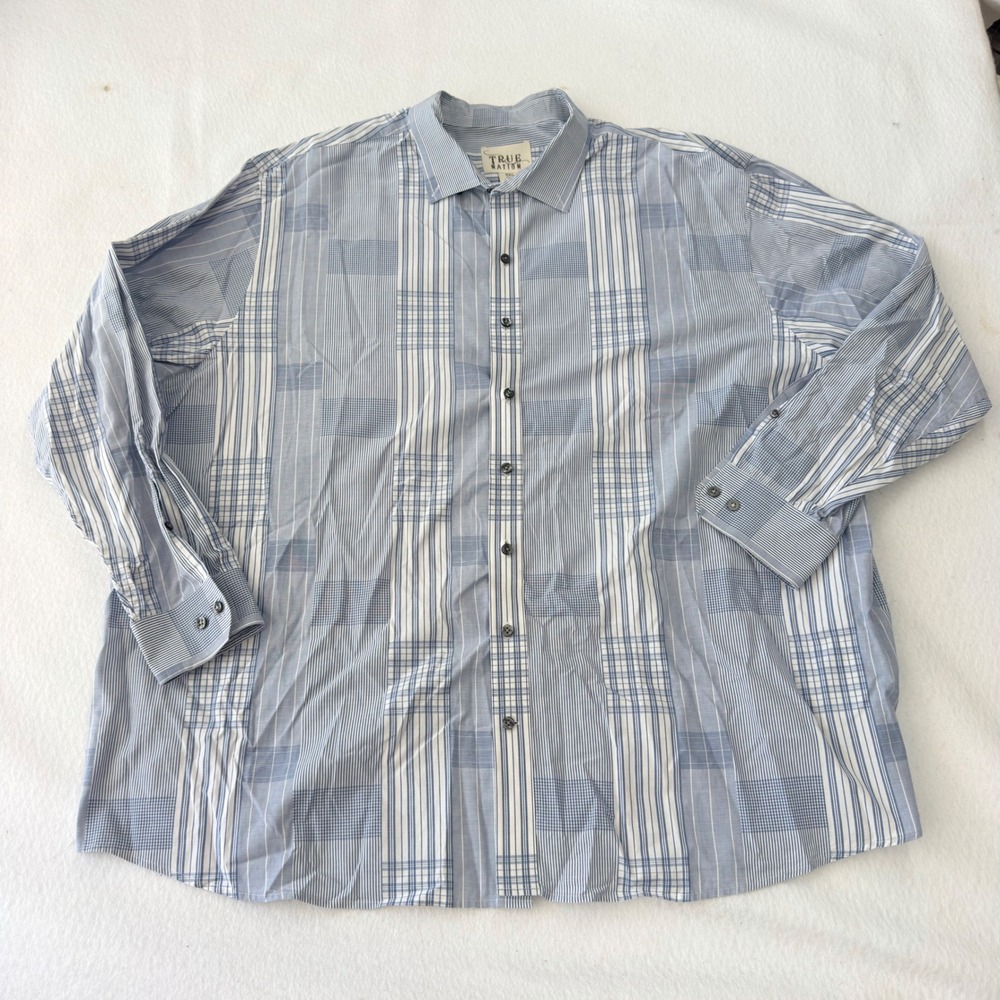 True Nation Men 3XL Long Sleeve Button Down Shirt Blue White Stripe Plaid Cotton